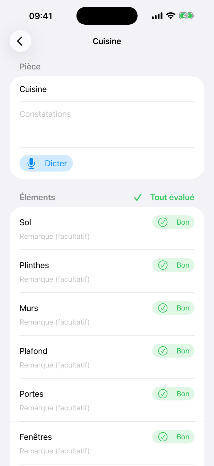 Par élément : bon, usure ou dégâts